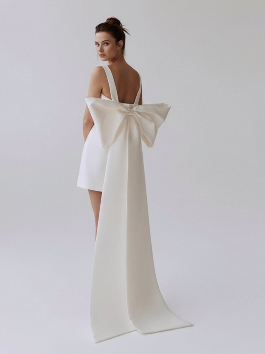 Yvaine | Square Neck White Satin Short Wedding Dress with Bow Back and Veil