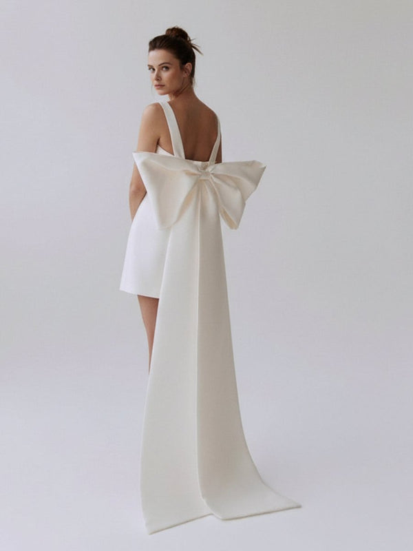Yvaine | Square Neck White Satin Short Wedding Dress with Bow Back and Veil