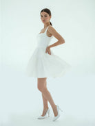 A - Line Boat - Neck Mini - Length Sleeveless Satin Pleats Wedding Dress - KissProm