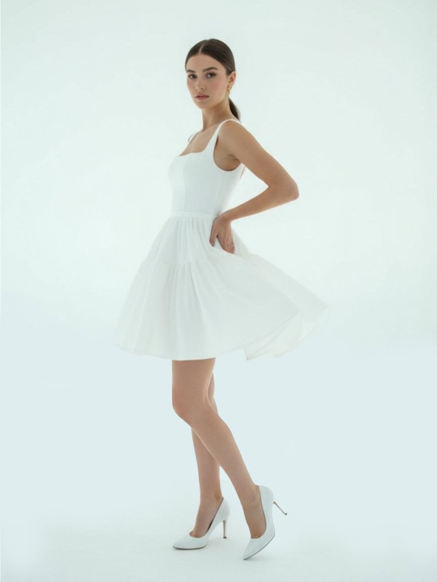 A - Line Boat - Neck Mini - Length Sleeveless Satin Pleats Wedding Dress - KissProm