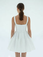 A - Line Boat - Neck Mini - Length Sleeveless Satin Pleats Wedding Dress - KissProm