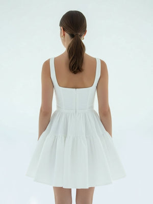 A - Line Boat - Neck Mini - Length Sleeveless Satin Pleats Wedding Dress - KissProm
