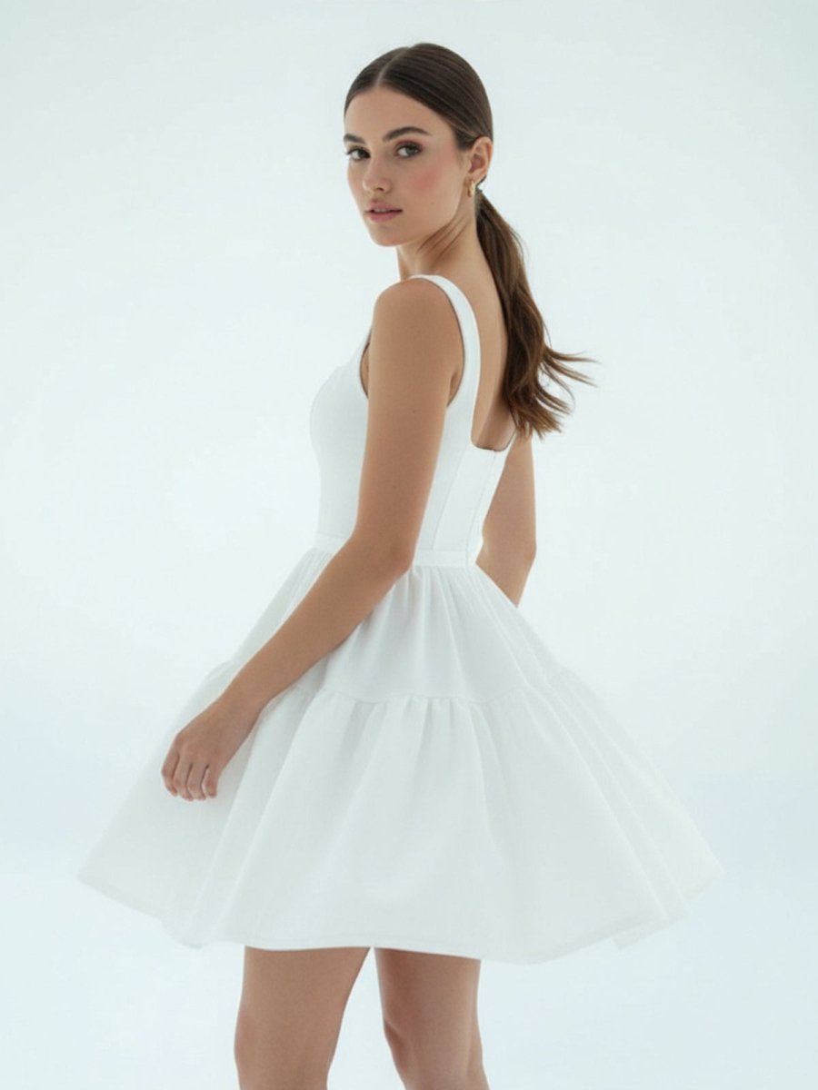 A - Line Boat - Neck Mini - Length Sleeveless Satin Pleats Wedding Dress - KissProm