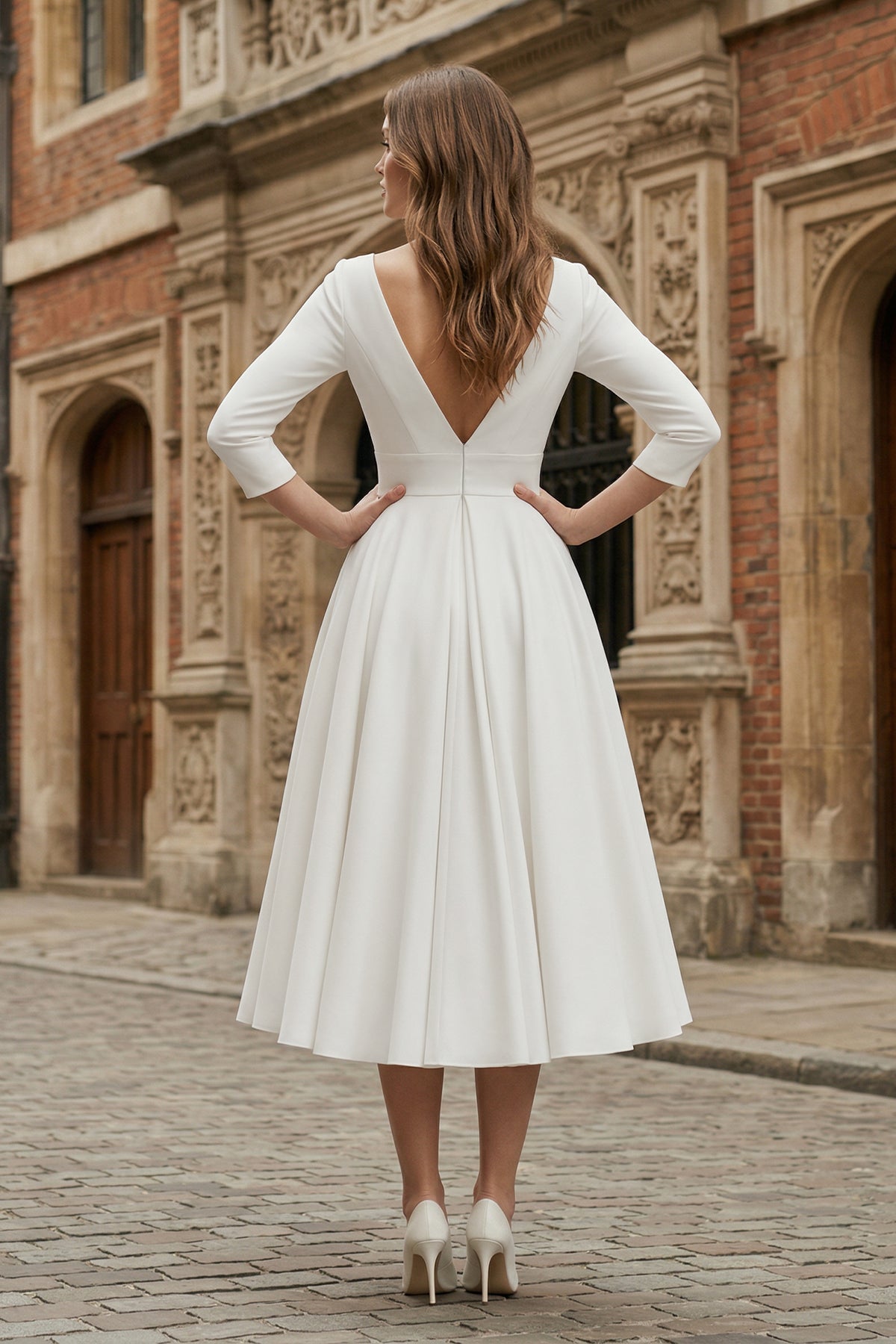 Vintage Sleeved A-Line V-neck Satin Tea Length Wedding Dress Vintage Sleeved A-Line V-neck Satin Tea Length Wedding Dress