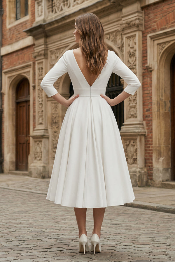 Vintage Sleeved A-Line V-neck Satin Tea Length Wedding Dress