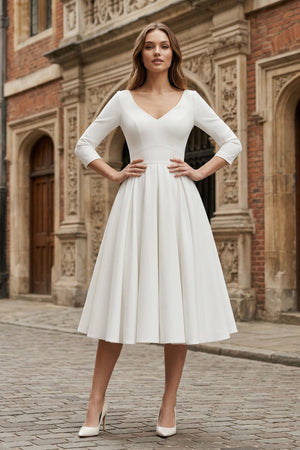 Vintage Sleeved A-Line V-neck Satin Tea Length Wedding Dress Vintage Sleeved A-Line V-neck Satin Tea Length Wedding Dress
