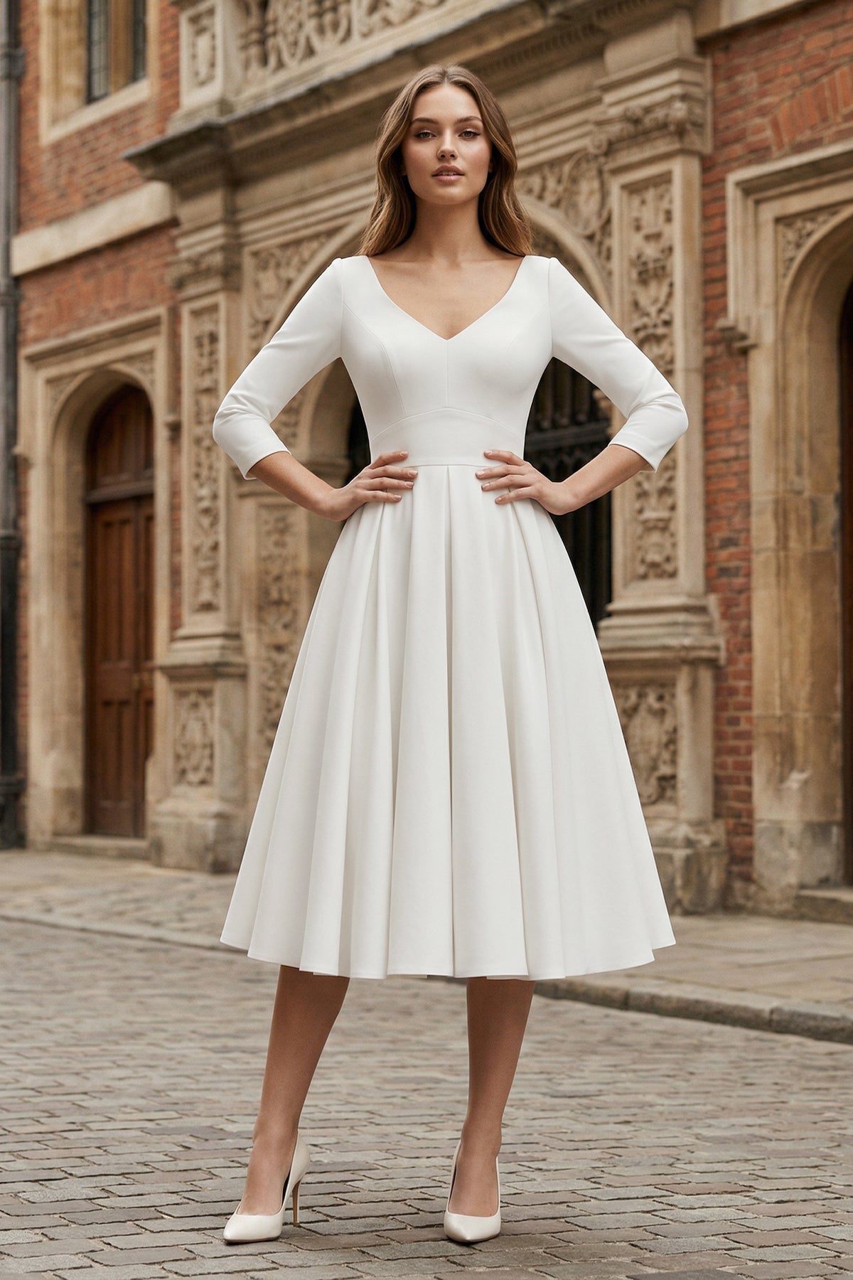 Vintage Sleeved A-Line V-neck Satin Tea Length Wedding Dress