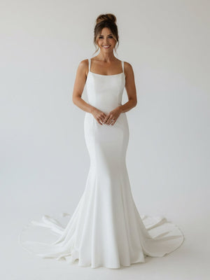 Simple Mermaid Scoop Neck Backless Satin Wedding Dresses - KissProm