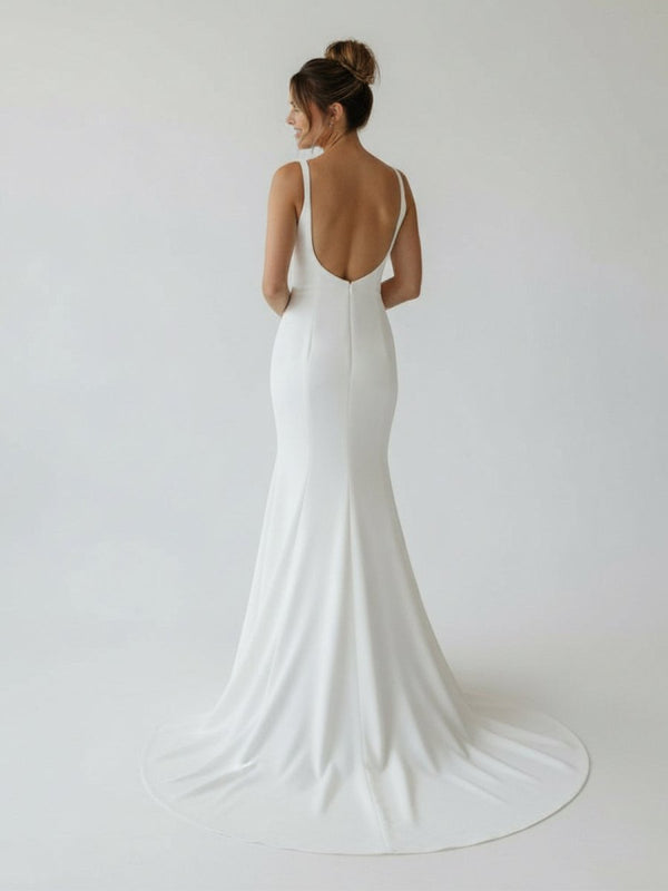 Simple Mermaid Scoop Neck Backless Satin Wedding Dresses - KissProm