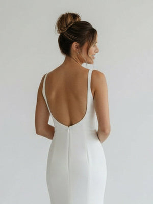 Simple Mermaid Scoop Neck Backless Satin Wedding Dresses - KissProm
