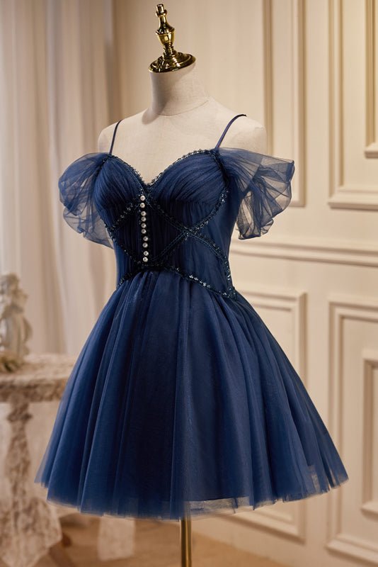 Samara Short A line Navy Spaghetti Straps V Neck Tulle Homecoming Dresses Navy Blue / 6 Samara Short A line Navy Spaghetti Straps V Neck Tulle Homecoming Dresses Navy Blue / 6