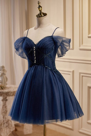 Samara Short A line Navy Spaghetti Straps V Neck Tulle Homecoming Dresses Navy Blue / 6