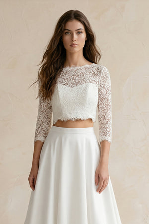 Modern Two Piece Floor-length 3/4 Length Sleeve Lace Jewel Wedding Dress with Ruching – Wedding Dresses by KissProm | Available at KissProm