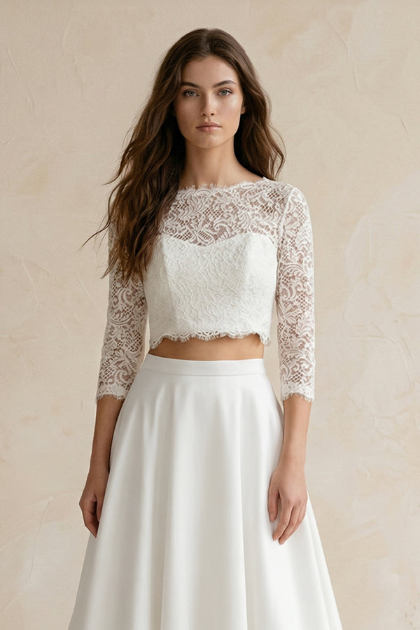 Modern Two Piece Floor-length 3/4 Length Sleeve Lace Jewel Wedding Dress with Ruching – Wedding Dresses by KissProm | Available at KissProm