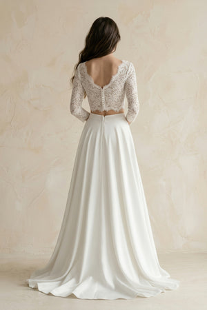 Modern Two Piece Floor-length 3/4 Length Sleeve Lace Jewel Wedding Dress with Ruching – Wedding Dresses by KissProm | Available at KissProm