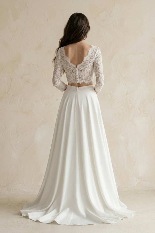 Modern Two Piece Floor-length 3/4 Length Sleeve Lace Jewel Wedding Dress with Ruching – Wedding Dresses by KissProm | Available at KissProm