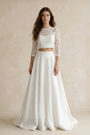 Modern Two Piece Floor-length 3/4 Length Sleeve Lace Jewel Wedding Dress with Ruching – Wedding Dresses by KissProm | Available at KissProm