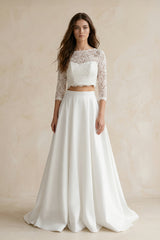 Modern Two Piece Floor-length 3/4 Length Sleeve Lace Jewel Wedding Dress with Ruching – Wedding Dresses by KissProm | Available at KissProm