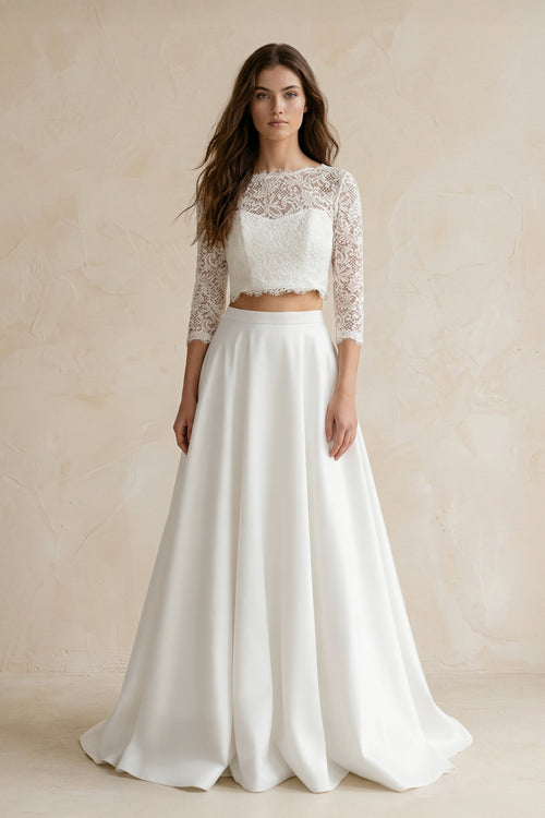 Modern Two Piece Floor-length 3/4 Length Sleeve Lace Jewel Wedding Dress with Ruching – Wedding Dresses by KissProm | Available at KissProm