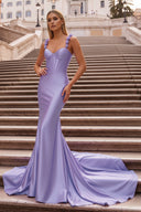 Hot Pink Floral Straps Mermaid Satin Long Prom Dress - KISSPROM PROM DRESSES