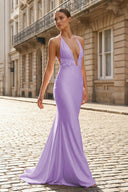 Plunge Neck Light Pink Mermaid Satin Long Prom Dress - KISSPROM PROM DRESSES