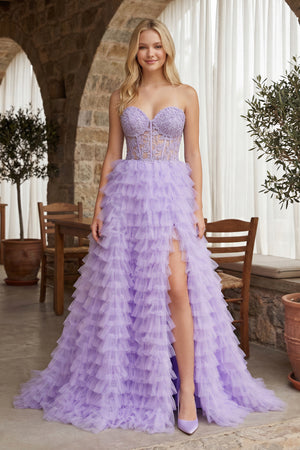 A-line Strapless Multi-Layers Tulle Prom Dress with Slit - KissProm 