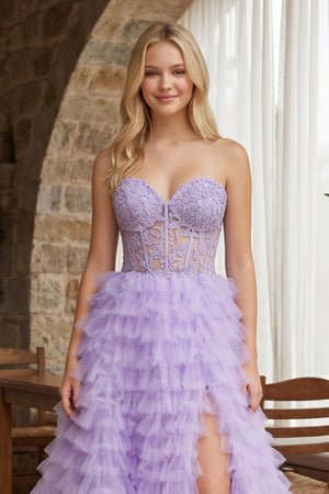 A-line Strapless Multi-Layers Tulle Prom Dress with Slit - KissProm 