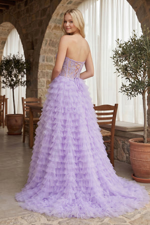 A-line Strapless Multi-Layers Tulle Prom Dress with Slit - KissProm 