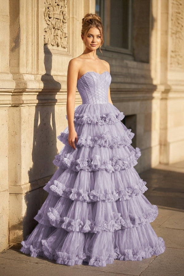 Navy Blue Strapless A Line Tulle Ruffled Long Prom Dresses With Slit - KissProm
