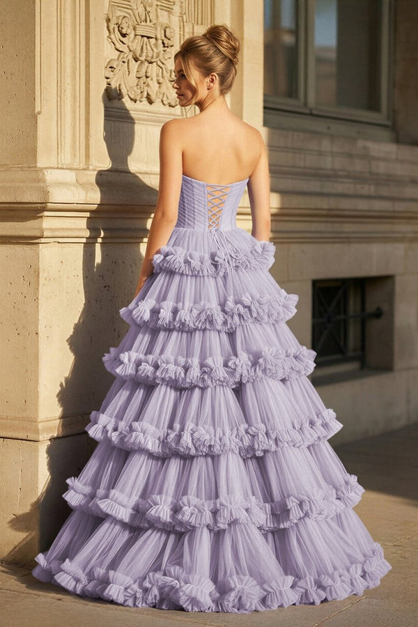 Navy Blue Strapless A Line Tulle Ruffled Long Prom Dresses With Slit - KissProm