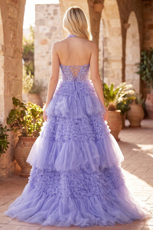 Lavender Tulle Appliques Halter Ruffle Tiered Ball Gown - KissProm