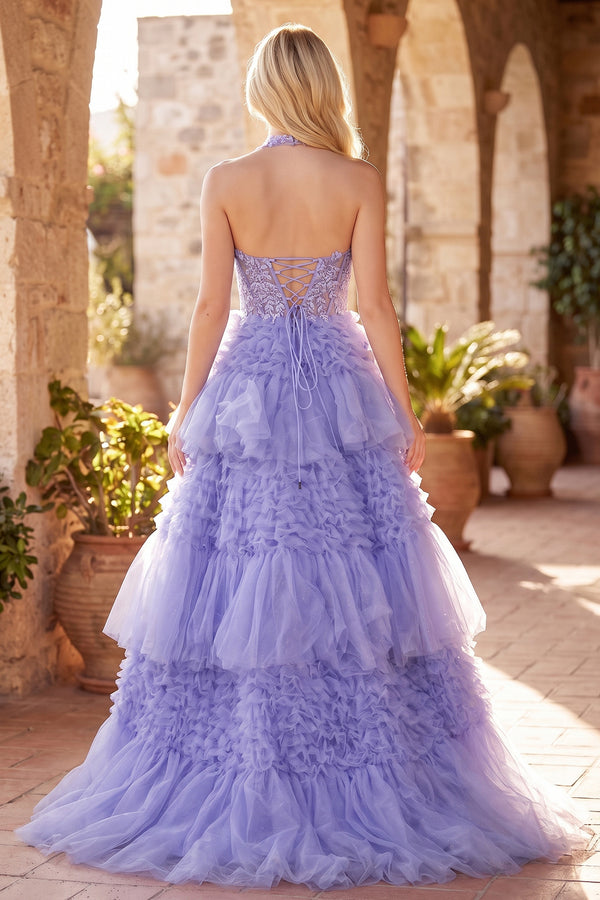 Lavender Tulle Appliques Halter Ruffle Tiered Ball Gown - KissProm