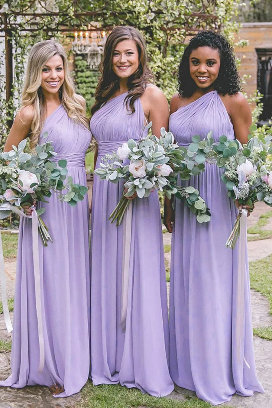 Dusty Blue One Shoulder Chiffon Long Boho Pleated Bridesmaid Dress - KissProm