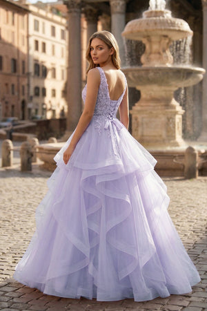 A-Line Prom Dresses Princess Dress Formal Floor Length Sleeveless V Neck Tulle Backless with Pleats Appliques