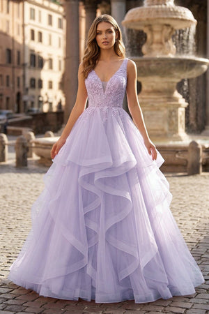 A-Line Prom Dresses Princess Dress Formal Floor Length Sleeveless V Neck Tulle Backless with Pleats Appliques