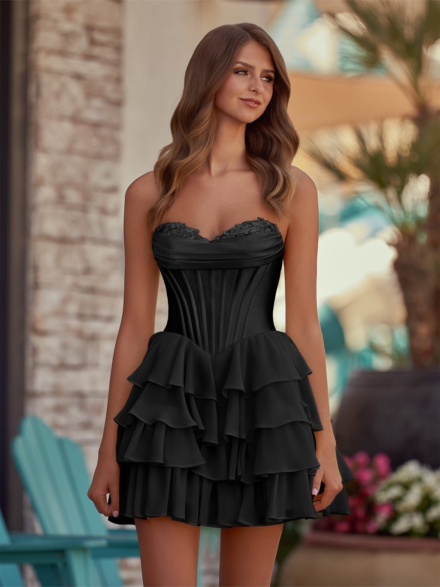 Lenne | Yellow - A-Line Sweetheart Corset Ruffle Homecoming Dress With Applique