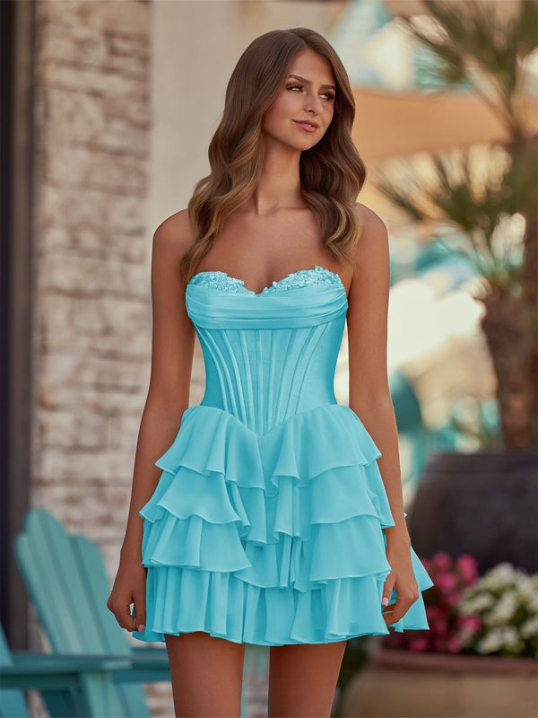 Yellow - A-Line Sweetheart Corset Ruffle Homecoming Dress With Applique Aqua / 6 Yellow - A-Line Sweetheart Corset Ruffle Homecoming Dress With Applique Aqua / 6
