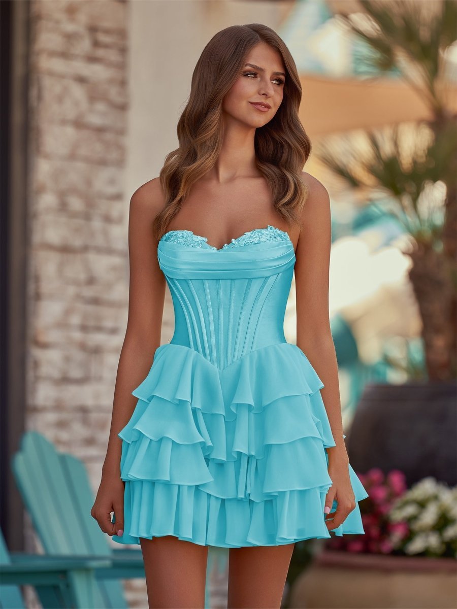 Lenne | Blue - A-Line Sweetheart Corset Ruffle Homecoming Dress With Applique