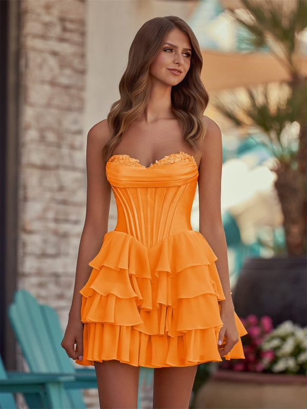 Yellow - A-Line Sweetheart Corset Ruffle Homecoming Dress With Applique Orange / 16 Yellow - A-Line Sweetheart Corset Ruffle Homecoming Dress With Applique Orange / 16