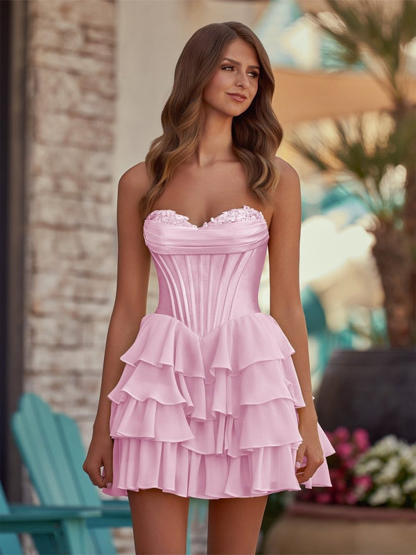 KissProm Yellow A-Line Sweetheart Corset Ruffle Homecoming Dress With Applique, Pink / 16