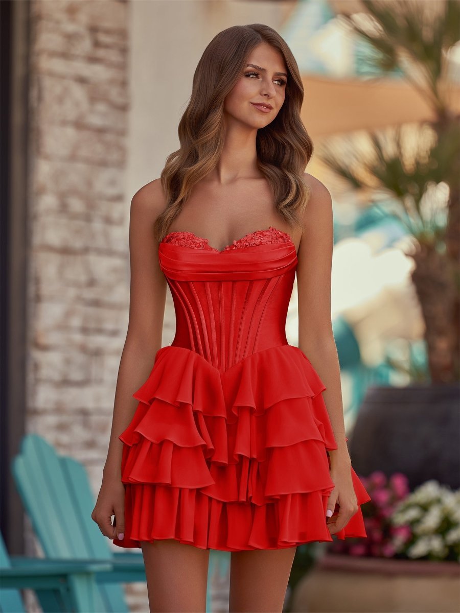 Lenne | Red - A-Line Sweetheart Corset Ruffle Homecoming Dress With Applique
