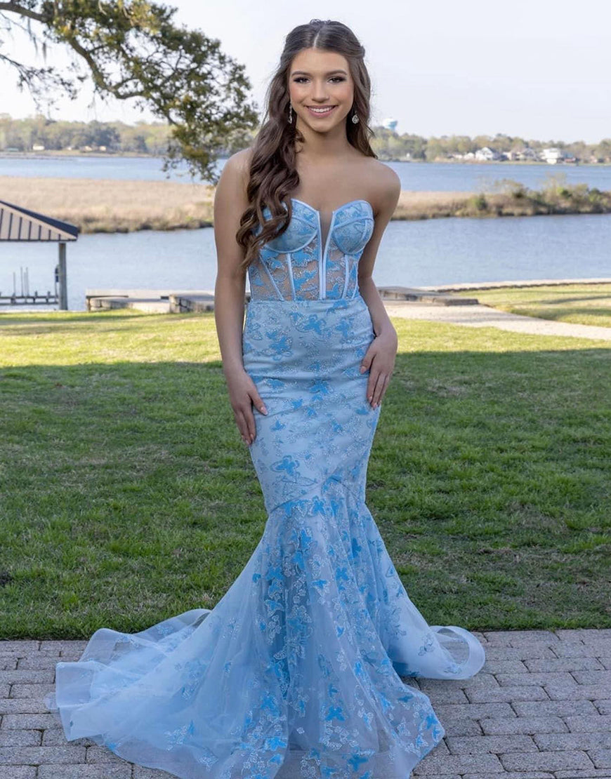 Ruth | Light Blue Gougeous Strapless Long Prom Dress With Appliques