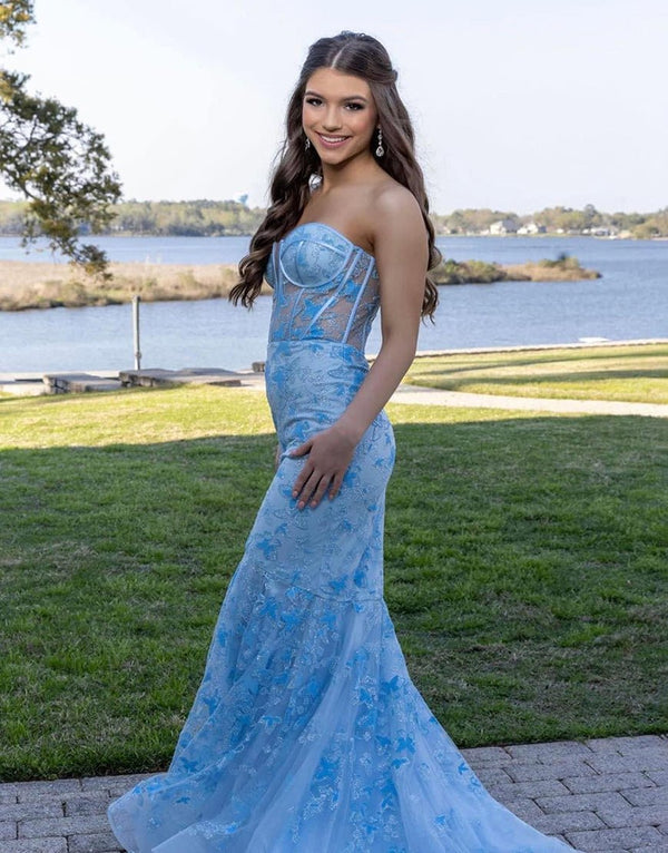 Ruth | Light Blue Gougeous Strapless Long Prom Dress With Appliques - KissProm