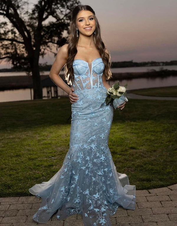 Ruth | Light Blue Gougeous Strapless Long Prom Dress With Appliques - KissProm
