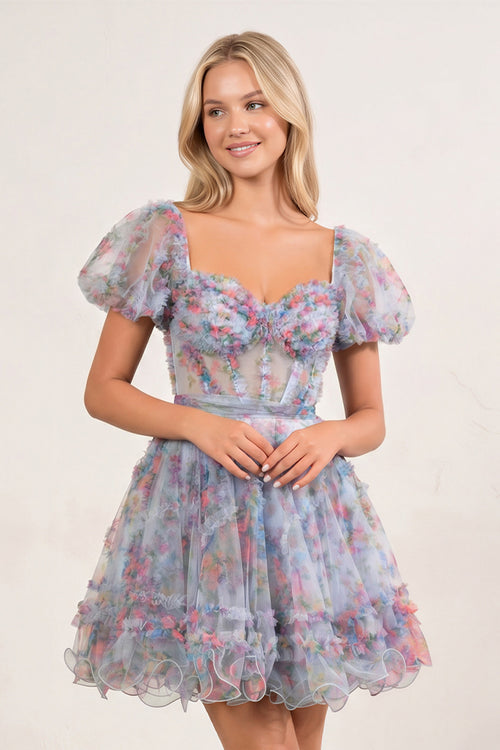 Light Purple A Line Off the Shoulder Printed Homecoming Dress - KISSPROM