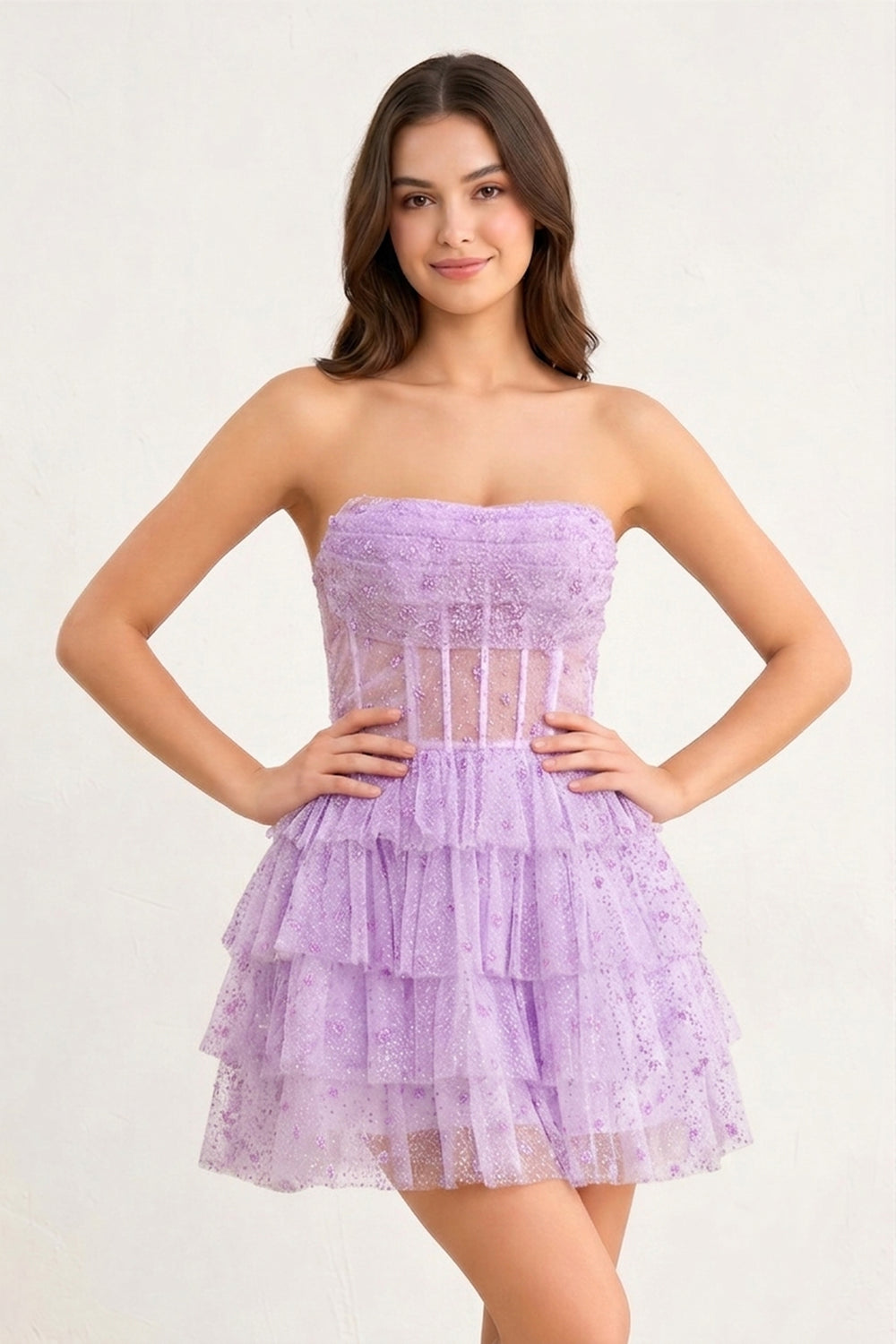 Lilac A-Line Strapless Scoop Tiered Sleeveless Short Homecoming Dress - KISSPROM