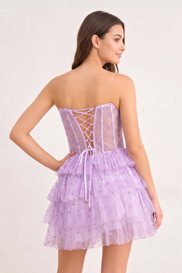 Lilac A-Line Strapless Scoop Tiered Sleeveless Short Homecoming Dress - KISSPROM