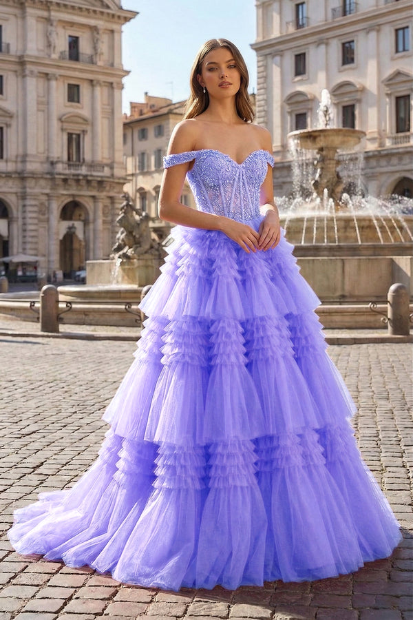 Red Tulle Off-the-Shoulder Ruffle Tiered Long Prom Dress - KISSPROM PROM DRESSES