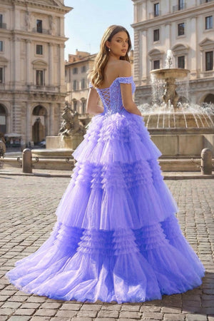 Red Tulle Off-the-Shoulder Ruffle Tiered Long Prom Dress - KISSPROM PROM DRESSES