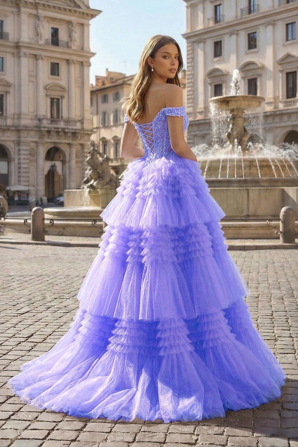 Red Tulle Off-the-Shoulder Ruffle Tiered Long Prom Dress - KISSPROM PROM DRESSES